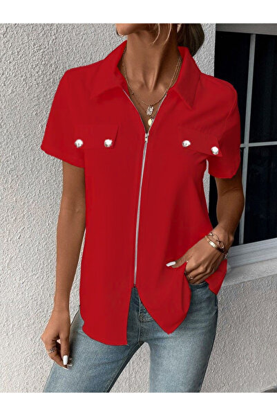 Gökyüzü Moda Women's short sleeve jacket with collar, zipper front, and pocke...