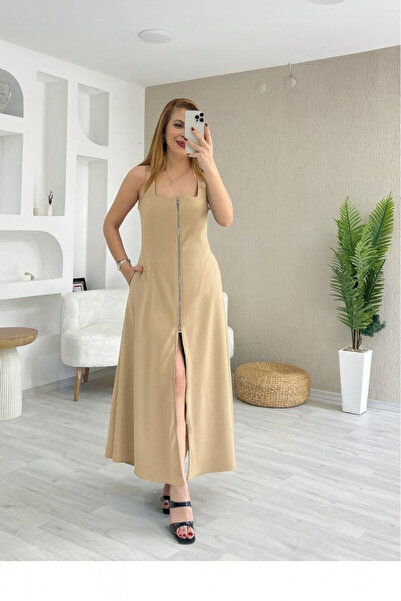 Gökyüzü Moda فستان نسائي بياقة مربعة وسحاب أمامي وقصة واسعة من قماش الكريب Ja...