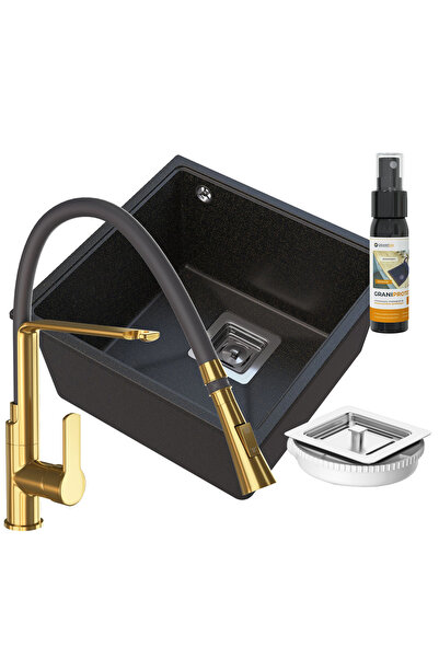 Granitan Set Chiuveta Granit NAPO 420, Negru Auriu, 42x42cm, cu Baterie Vegas...
