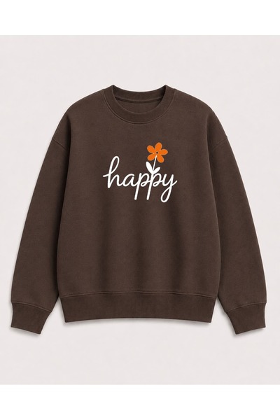 herkesemoda Hanorac cu guler rotund, cu imprimeu Happy Print, detaliat, cu 2 ...