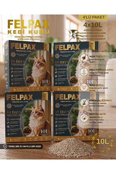 %100 Tozsuz Premium Aktif Karbonlu Hızlı Topaklanan Kedi Kumu 10L x 4 Adet