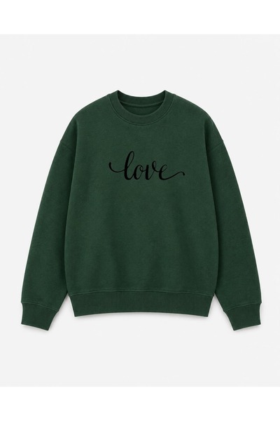 herkesemoda سويت شيرت برقبة دائرية مزين بطباعة نصية بتصميم Love وتفاصيل مطرزة...