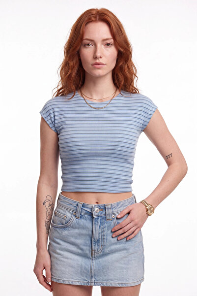 cemo Çizgili Bisiklet Yaka Crop Bluz