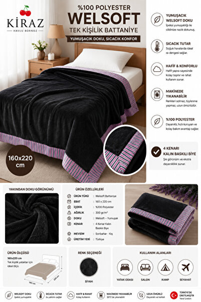 KİRAZHOME Wellsoft Baskılı Biyeli Tek Kişilik Battaniye – Ultra Yumuşak160x220