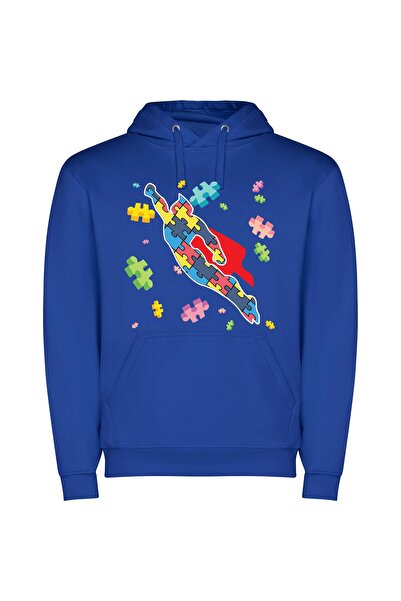 iLovePrints Colorful Puzzle Hero's Flight Φούτερ με κουκούλα σε χρώμα Μπλε