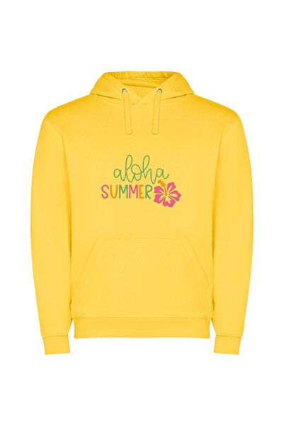 iLovePrints Pink Bloom, Aloha Summer Φούτερ με κουκούλα σε χρώμα Κίτρινο