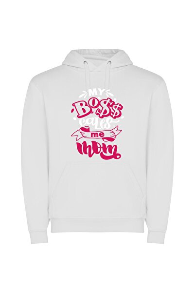 iLovePrints Boss Mom Style Stickers Φούτερ με κουκούλα σε χρώμα Λευκό