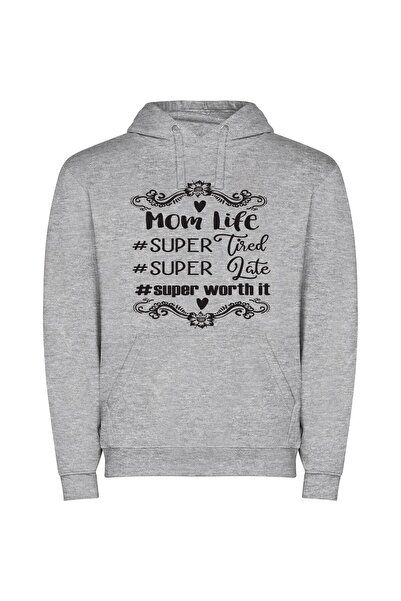 iLovePrints Super Mom, Street Chic Φούτερ με κουκούλα σε χρώμα Γκρι