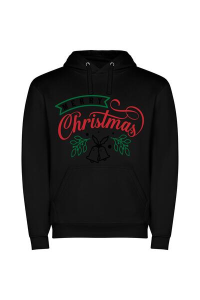 iLovePrints Jingle Joy: Merry Sign Φούτερ με κουκούλα σε χρώμα Μαύρο