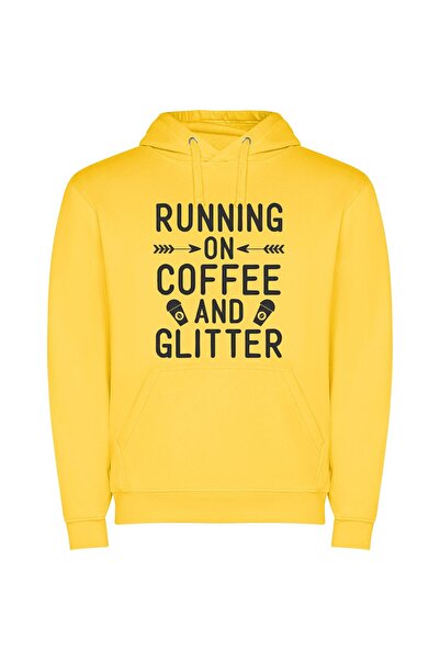 iLovePrints Caffeinated Glitter Glam Φούτερ με κουκούλα σε χρώμα Κίτρινο