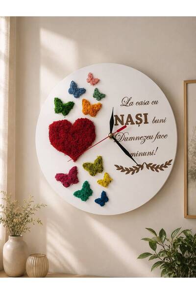 Alex Laser Design Ceas de Perete pentru Nași 40 cm Alb – Decor cu Licheni Nat...