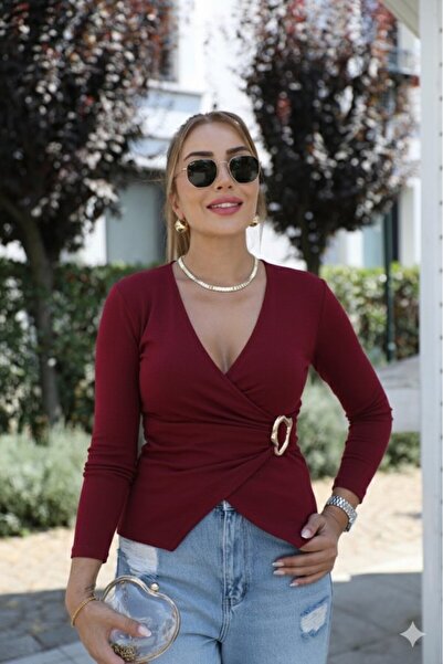 MODA ŞEHRİ Women's Long Sleeve Double-Breasted Collar Buckle Detailed Viscose...