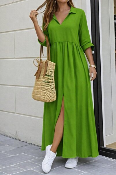UFC 1985 TOP BRAND Women's Three Quarter Sleeves V-Neck Slit Long Aerobin Dress