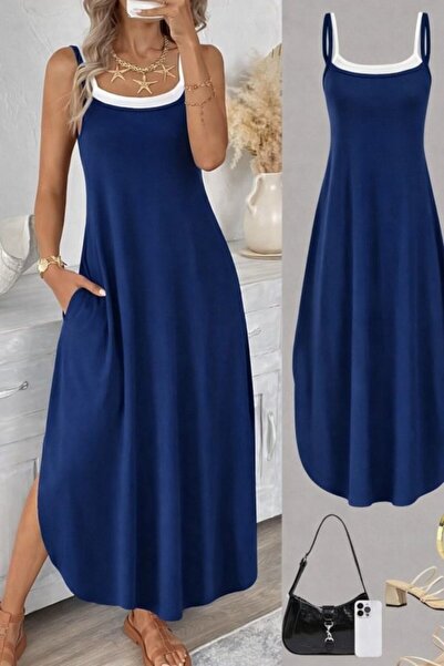 Gökyüzü Moda Women's Rope Strap Round Neck Long Viscose Dress with Pockets