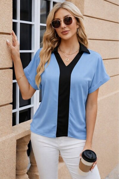MODA ŞEHRİ Women's Short Sleeve V-Neck Sandy Blouse with Front Stripe Detail