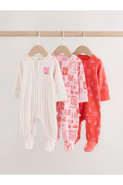 Next Baby Cotton Red & Pink Print 3-Piece Sleepsuit Set