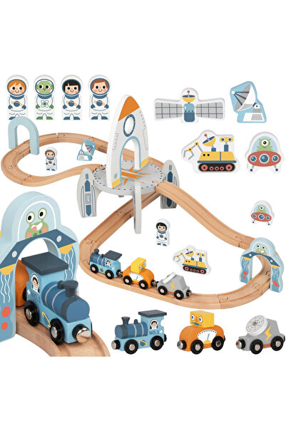 Tooky Toy Set de șine din lemn pentru tren spațial