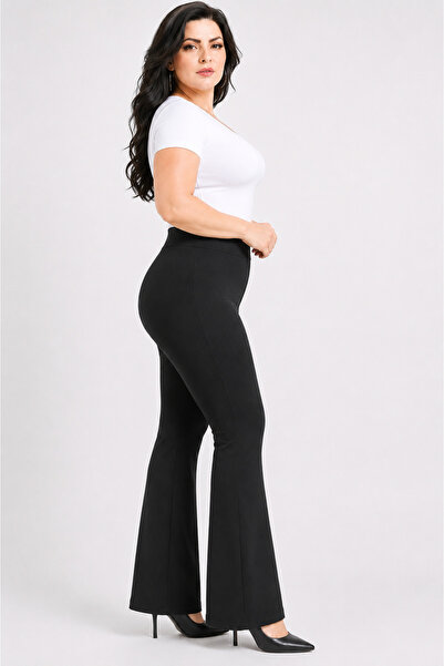 ciella Women's Black Plus Size High Waist Flare Scuba Diving Fabric Tights