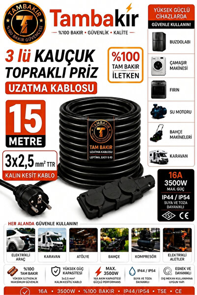 3'lü Kauçuk Topraklı Uzatma Kablosu 5-50 Metre 3x2,5mm TTR Tekli %100 Tam Bakır IP44 16A 3500W