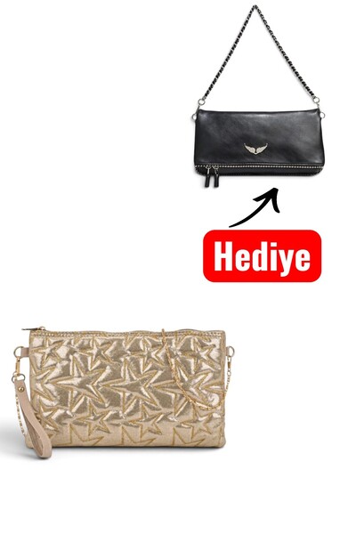 Morlex Gold Yıldız Dokuma Portföy Çantası Kadın 2 Zincirli Siyah Omuz Çantası...
