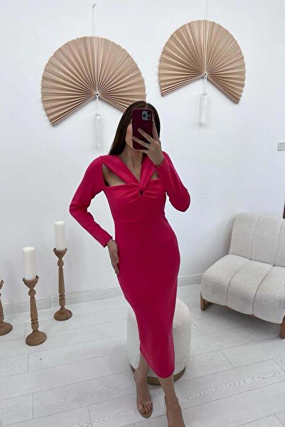 Moda Days Women's Fuchsia Midi Pencil Dress with Chest Draping Detail, Cut-Ou...