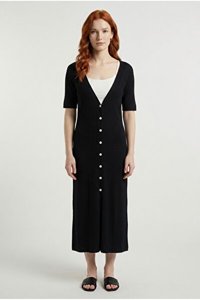Neden Tekstil Women's Black Buttoned Midi Knit Dress
