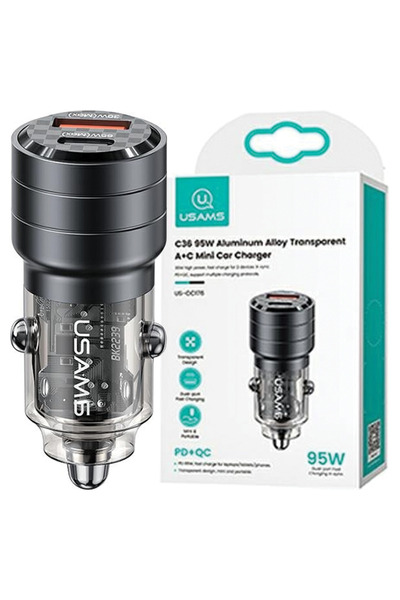 Usams C36 95W Încărcător auto pentru telefoane, încărcare rapidă USB USB-C
