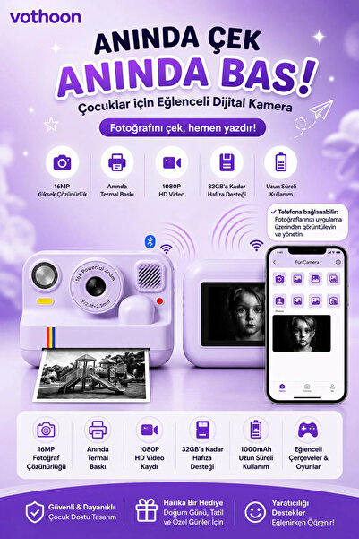 Vothoon Çocuk Anında Baskılı Fotoğraf Makinesi 16MP Dijital Kamera 1080P Vide...