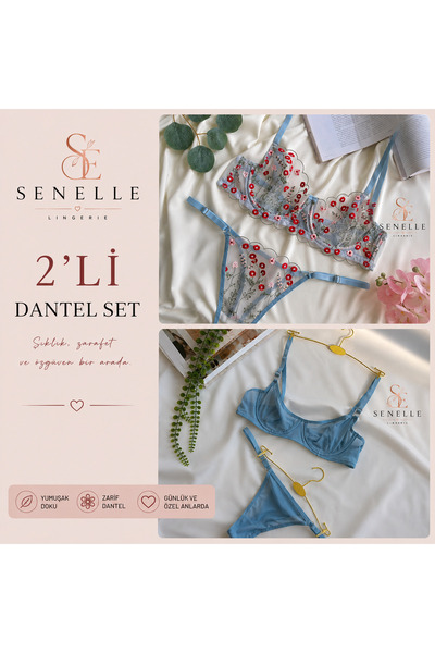 SENELLE Mavi Çiçek İşlemeli & Transparan 2'li Sütyen Külot Seti
