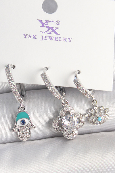 DMR Elegance Brass Silver Color Zircon Stone Fatma Ana Clover Figure Eye Deta...