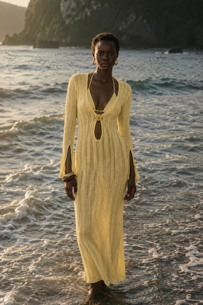 Black Fashion Aksesuar Detay Kol Volanlı Maxi Sarı Triko Elbise