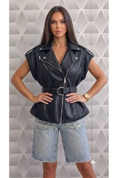 OnlyForYou Vestă Damă din Piele Ecologică Premium – Vestă Biker cu Curea în T...