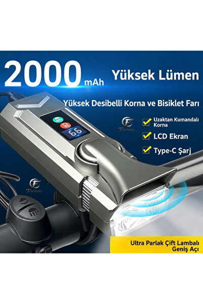 farissu SM-1710 Şarjlı Bisiklet Farı ve Kornası | 2000mAh, LCD Ekranlı, Profesyonel Bisiklet Aydınlatması