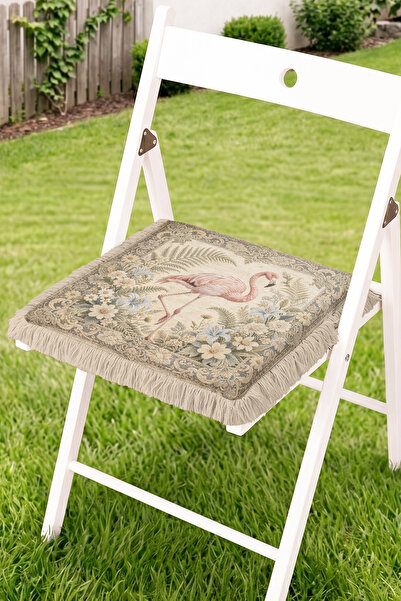 Realhomes Fringed Zippered Chair Cushion with Flamingo Bird and Flower Motifs...