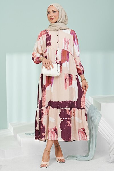İmajButik Plum Half-Buttoned Layered Viscose Dress with Elastic Sleeves