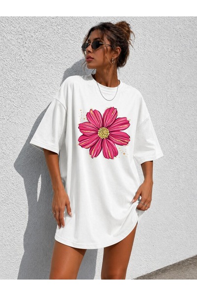 classy moda Γυναικείο μπλουζάκι με στάμπα Cosmos Flower Oversize Extra Long T...
