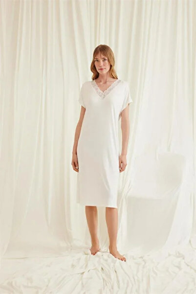 SS HOME CONCEPT Lace Collar Short Sleeve Ecru Nightgown