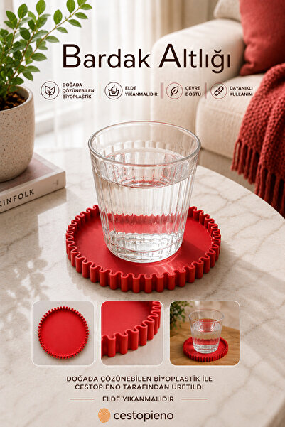 CESTOPİENO Red Color Coaster 10 cm Naturally Soluble Bioplastic Decorative Co...