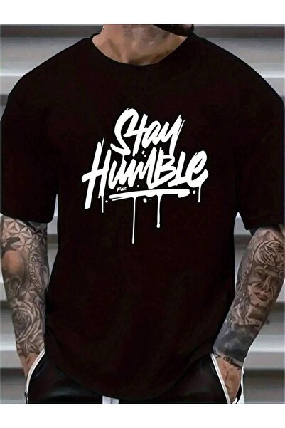 9TAY تي شيرت رجالي بتصميم "Stay Humble" - تي شيرت أسود كاجوال برقبة دائرية وت...