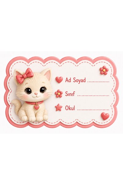 Papelia Kedi Temalı Pembe Okul Etiketi 10 Adet 6 cm - Ad Soyad - Sınıf - Okul