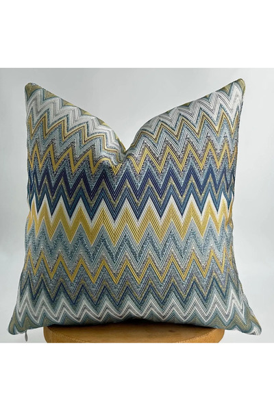 Piccotton Home Dekoratif Zigzag Desenli Dokuma Kırlent Kılıfı Mavi Hardal Jak...