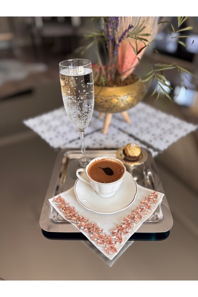 LUXURY El Yapımı Turuncu Kristal Taş İşlemeli Kumaş Sunum Peçetesi - Lüks Kah...