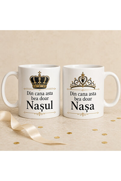 Generic Brand Set 2 căni ceramice pentru Naș și Nașă, model floral cu inimioa...
