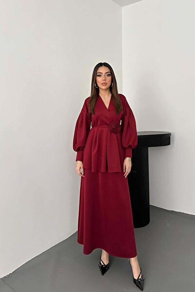 Clothes Fast Women's Burgundy Blouse-Skirt Set Blouse Skirt Set V-Neck Rose A...