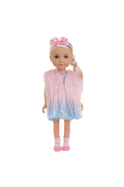OEM Păpușă de modă de 45 cm, în rochie albastră, vestă roz pufoasă și fundă d...