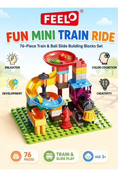 Feelo Fun Mini Train Ride Slide Building Blocks Set, 76 Pieces, Multistage Ba...