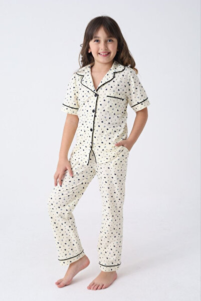 Olivera Heart Patterned Comfortable Cut Girls' Buttoned Pajama Set