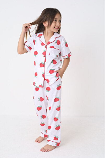 Olivera Heart Patterned Comfortable Cut Girls' Buttoned Pajama Set
