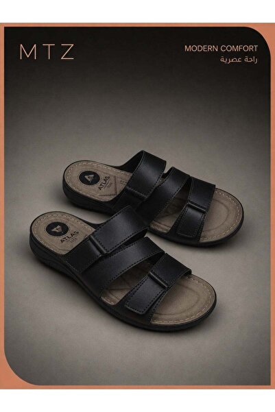 mtz Men's Black Leather Sandals, Three Strap Slide Sandals for Summer, Open T...
