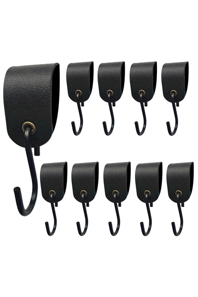 STARSTAR 10 S-Shaped Hooks Leather Loops Coat Hangers Black Leather Metal for...